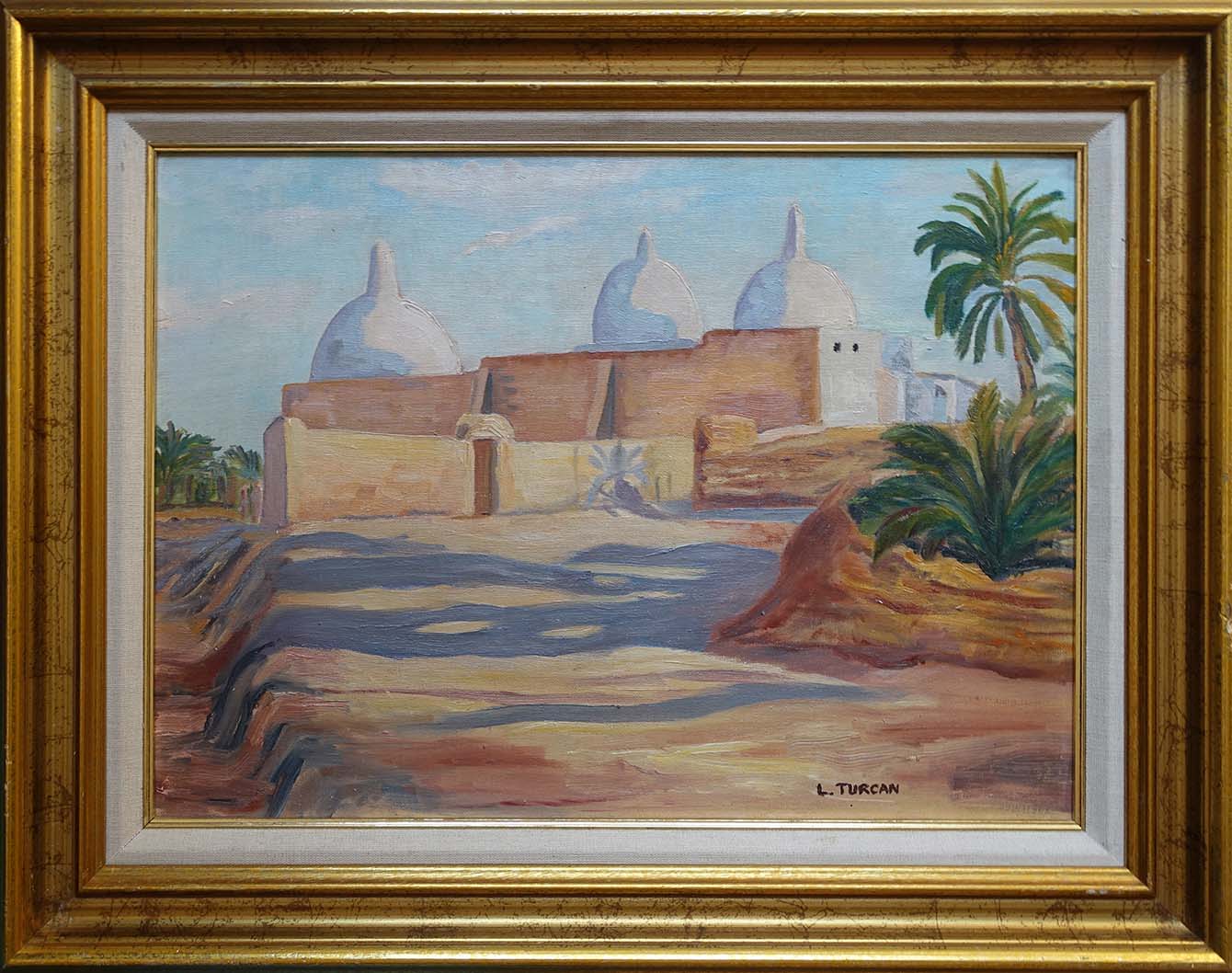 Paysage orientaliste. L. Turcan. Trois coupoles dans le désert. Achat art, achat orientalisme, achat tableau pour décoration