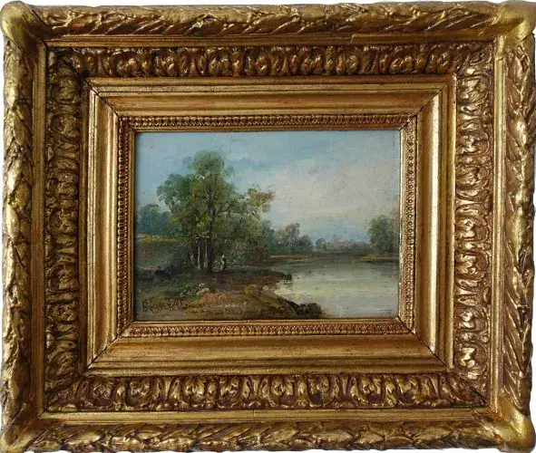 Paysanne sur la berge. Ecole de Barbizon. achat art, achat tableau pour décoration
