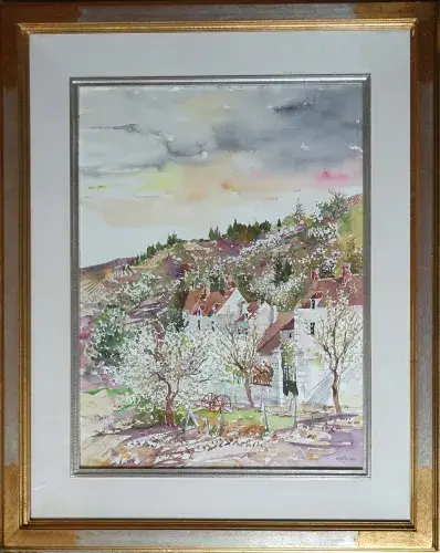 Maisons près d'Auxerre. Aquarelle de Georges Hosotte. Achat art tableau décoration