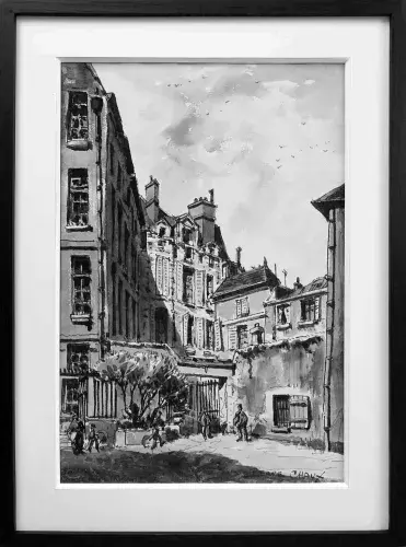 Pierre Chaux. Cour de Rohan. Fusain sur papier. Achat tabkeau art décoration