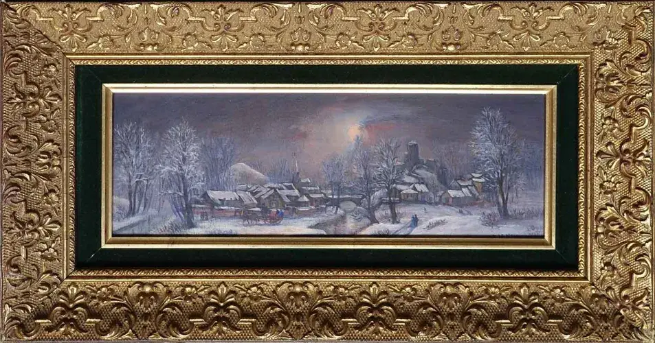 Raffy Le Persan. Evasion hivernale. Huile sur bois. un village sous la neige avec un traineau et des toits enneigés;