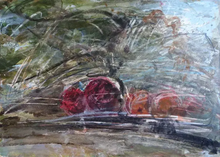 Les fruits sur le mur georges Romathier, huile sur carton, achat tableau, achat art contemporain, achat décoration paysagisme abstrait