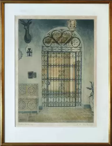 André lambert, eau-forte en couleur, grille en fer forgé, achat tableau