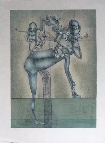 Frederic Bouché. L'ange vert. Lithographie. Surréalisme. achat tableau;