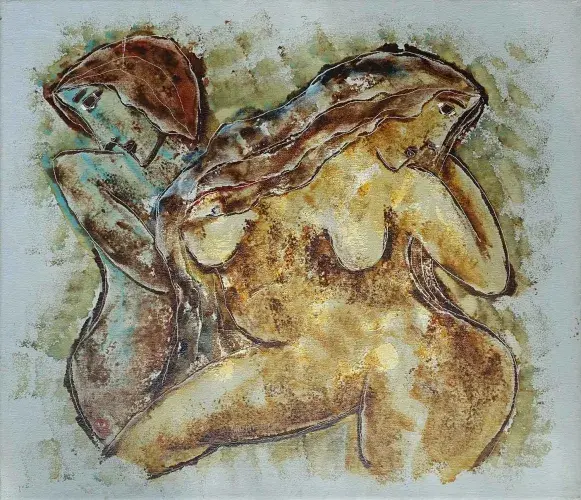 Calvin Burnett. Les deux amies, huile sur toile.Tableau, achat art, achat décoration 