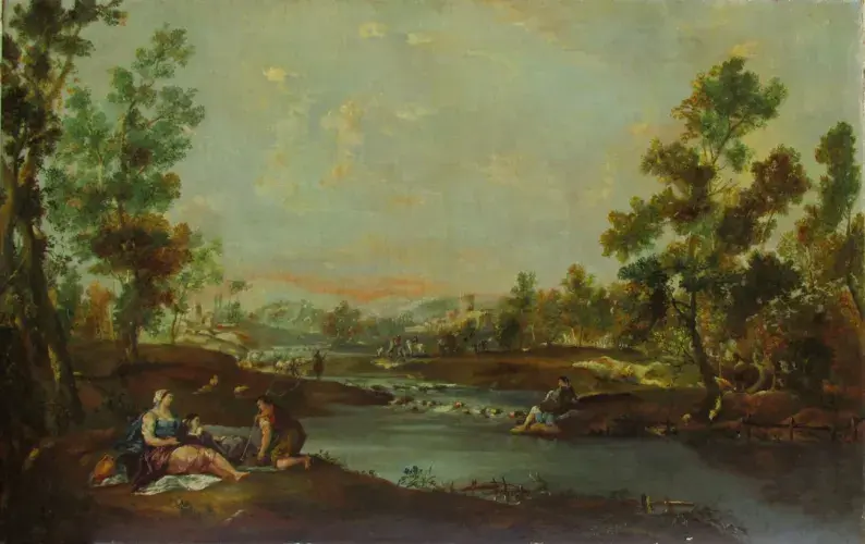 achat tableau peinture Campagne vénitienne. Repos au bord de la rivière. 