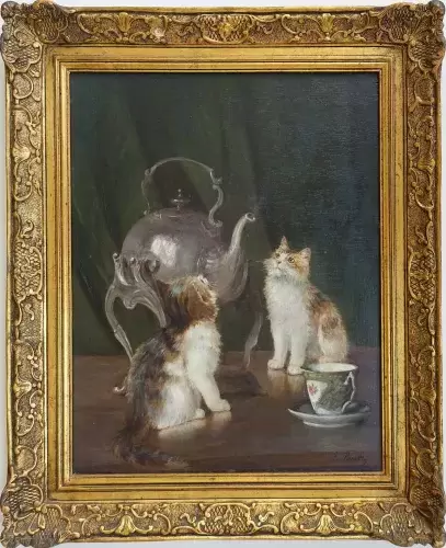 Perretton. Huile sur bois. Les chatons à la théière. Achat tableau décoration
