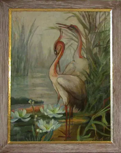 achat tableau peinture Hérons à l'étang. Japonisme.