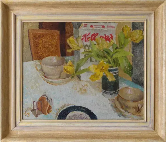 Table du petit-déjeuner. nature morte. Huile sur toile de Nancy Sharp.achat art décoration peinture tableau