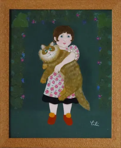 achat tableau peinture Petite fille au chat