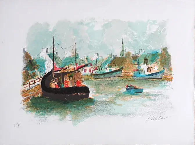 Urbain Huchet. Lithographie. Bateau de pêche. Achat art, achat tableau, achat décoration
