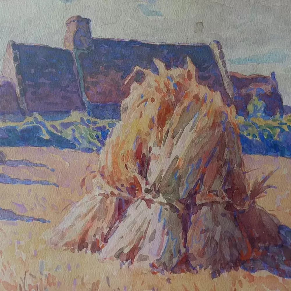 Achille Phobrien. Meules sous le soleil. aquarelle.