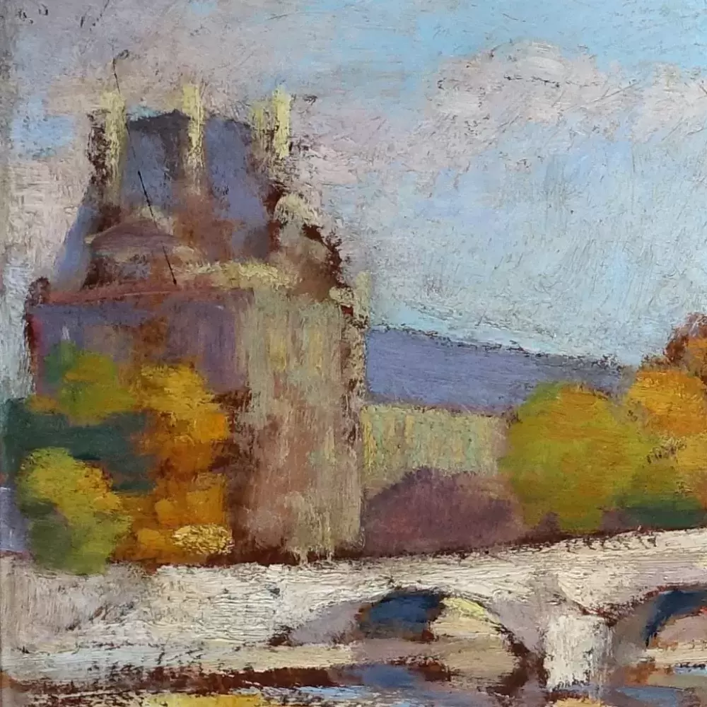 Pont royal et Louvre. Huile sur isorel d'Edmond Sigrist.
