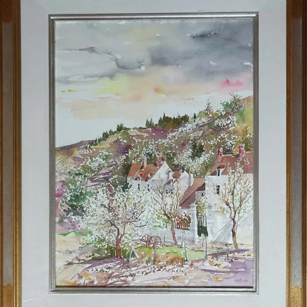 Maisons près d'Auxerre. Aquarelle de Georges Hosotte. Achat art tableau décoration