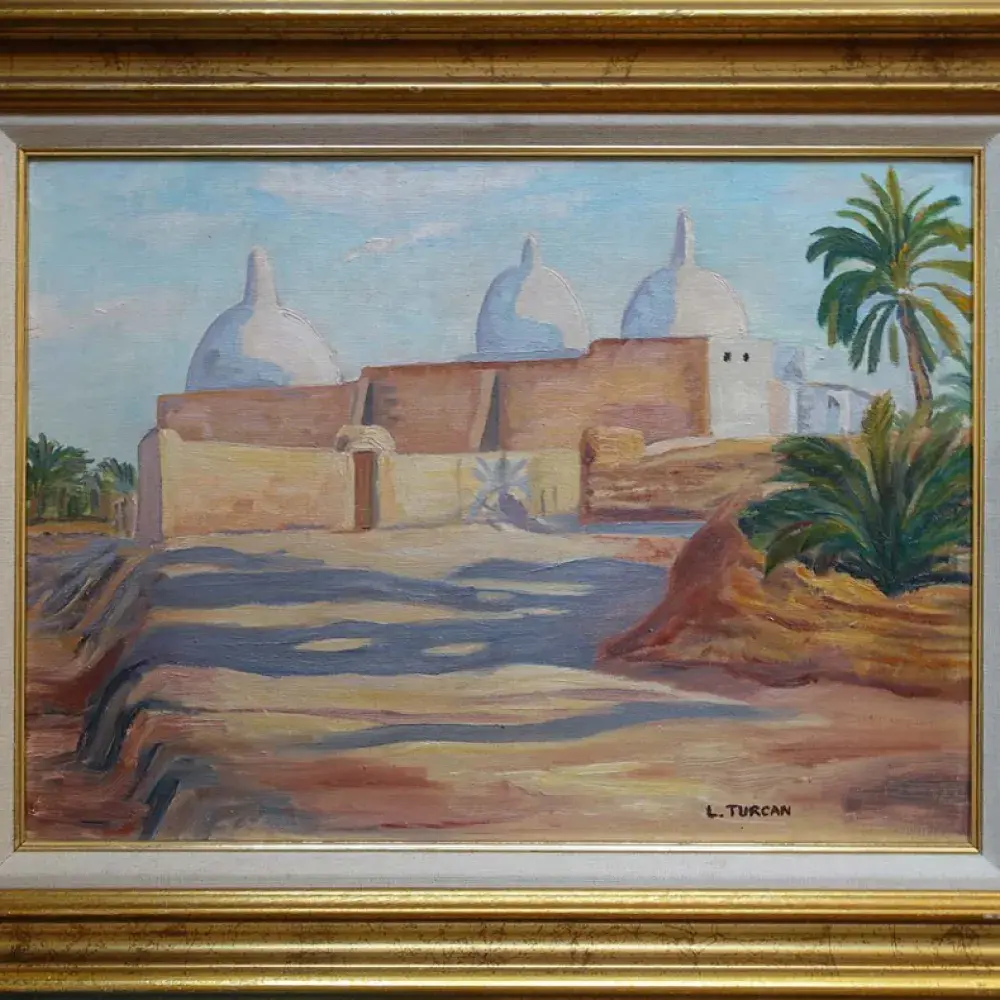 Paysage orientaliste. L. Turcan. Trois coupoles dans le désert. Achat art, achat orientalisme, achat tableau pour décoration