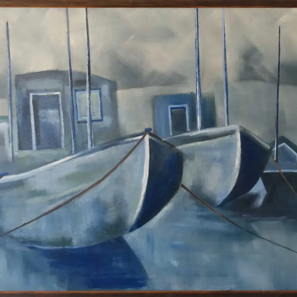 David Giles. Les chalutiers bleus huile sur isorel. Acat art décoration tableau