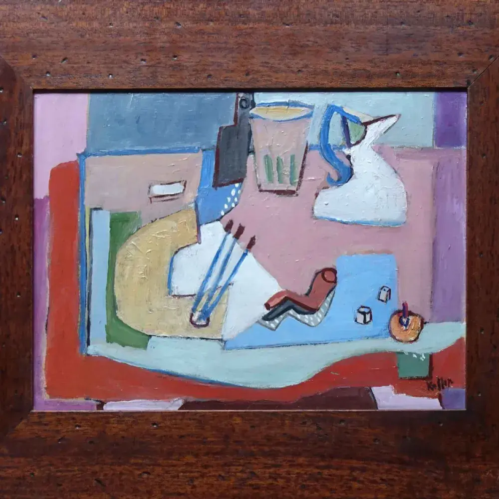 hans Koffer. La table du Peintre. Nature morte cubofuturiste. Huile sur panneau. Achat tableau. Décoration.