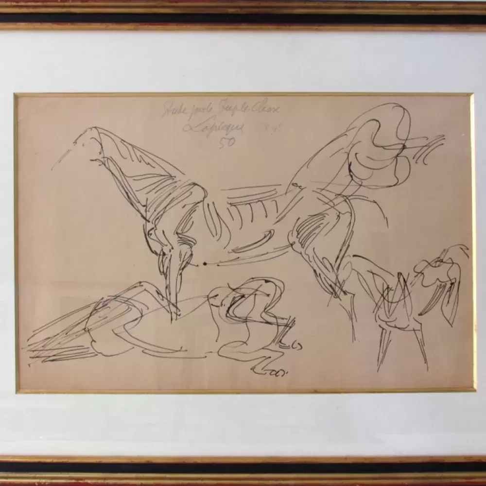 Fusain-Encre-LAPICQUE Charles-Le steeple chase-Dessin préparatoire