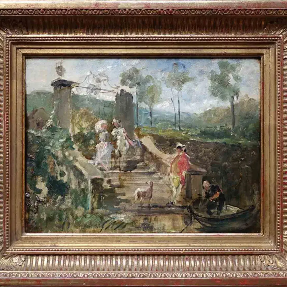 Le départ des amoureux. Huile sur panneau. Achat art XIX ème décoration