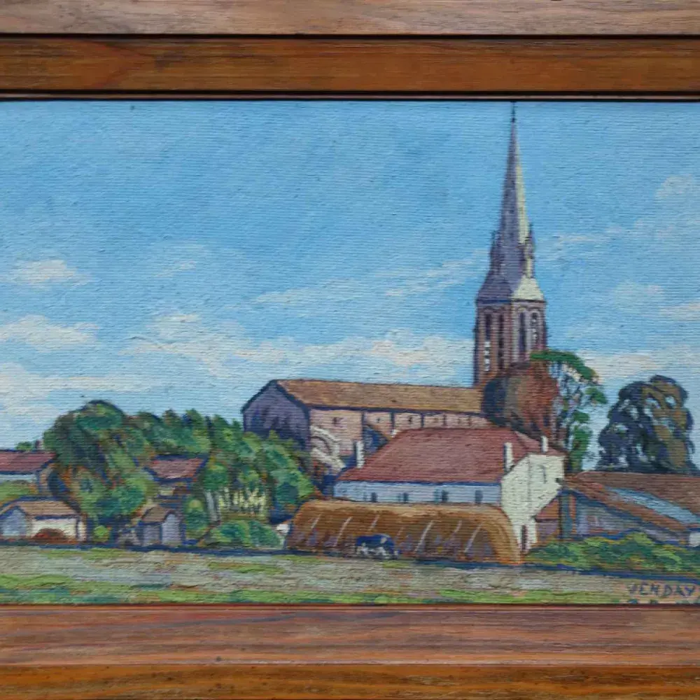 L'église de Vendays. Huile sur panneau. Achat tableau