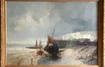achat tableau peinture décoration barques sur la grève de eugène deshayes